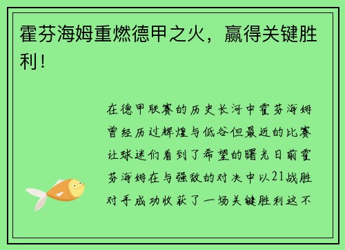 霍芬海姆重燃德甲之火，赢得关键胜利！